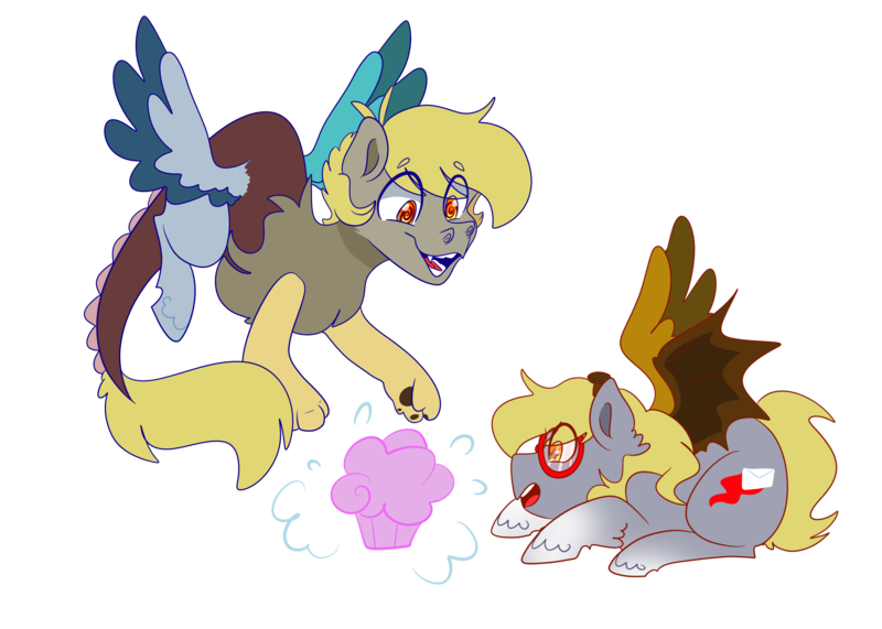 Size: 3888x2776 | Tagged: artist:cubbybatdoodles, derpibooru import, duo, hybrid, interspecies offspring, oc, oc:ding-dong, oc:twister, offspring, parent:derpy hooves, parent:discord, parent:ditzy doo, parents:derpcord, safe, siblings, simple background, transparent background, unofficial characters only