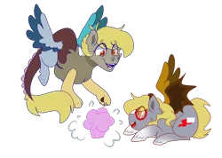 Size: 3888x2776 | Tagged: artist:cubbybatdoodles, derpibooru import, duo, hybrid, interspecies offspring, oc, oc:ding-dong, oc:twister, offspring, parent:derpy hooves, parent:discord, parent:ditzy doo, parents:derpcord, safe, siblings, simple background, transparent background, unofficial characters only