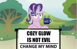 Size: 800x511 | Tagged: artist:aleximusprime, change my mind, coffee mug, cozy glow, crossing the memes, derpibooru import, empathy cocoa, exploitable meme, female, glowing horn, hilarious in hindsight, image macro, i mean i see, magic, marks for effort, meme, mug, mugclub, safe, solo, starlight glimmer, steven crowder, telekinesis