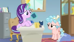 Size: 1920x1080 | Tagged: safe, derpibooru import, screencap, cozy glow, starlight glimmer, pegasus, pony, unicorn, marks for effort, chocolate, cup, drinking, duo, duo female, empathy cocoa, female, filly, floppy ears, food, frown, guidance counselor, hot chocolate, magic, starlight's office, telekinesis