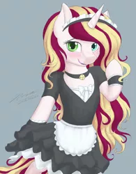 Size: 1024x1316 | Tagged: safe, artist:novaintellus, derpibooru import, oc, oc:vanilla reddagger, unofficial characters only, semi-anthro, unicorn, bell, bell collar, bipedal, blushing, clothes, collar, commission, cute, digital art, dress, female, maid, mare, smiling, solo