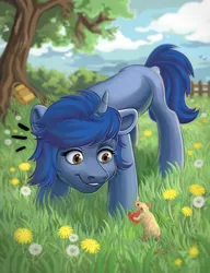 Size: 3072x4000 | Tagged: safe, artist:bisaco, derpibooru import, oc, oc:starlight blossom, unofficial characters only, mouse, unicorn, backpack, female, fence, filly, grass, grass field, sky, solo, tree