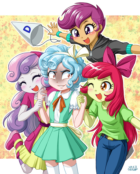 Size: 809x1000 | Tagged: safe, alternate version, artist:uotapo, derpibooru import, apple bloom, cozy glow, scootaloo, sweetie belle, equestria girls, marks for effort, blushing, boots, bow, clothes, cozy glow is best facemaker, cozy glow's true goal, cozybetes, crazy glow, cute, cutie mark crusaders, dunce hat, equestria girls-ified, eyes closed, female, hat, holding hands, one eye closed, open mouth, pants, pure concentrated unfiltered evil of the utmost potency, pure unfiltered evil, shoes, skirt, wink