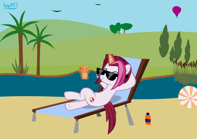 Size: 4060x2868 | Tagged: safe, artist:ironm17, derpibooru import, cayenne, earth pony, pony, unicorn, arm behind head, beach ball, beach chair, cocktail umbrella, drink, eyes closed, female, glasses, hot air balloon, lying, magic, magic aura, palm tree, relaxing, solo, summer, sunglasses, tree