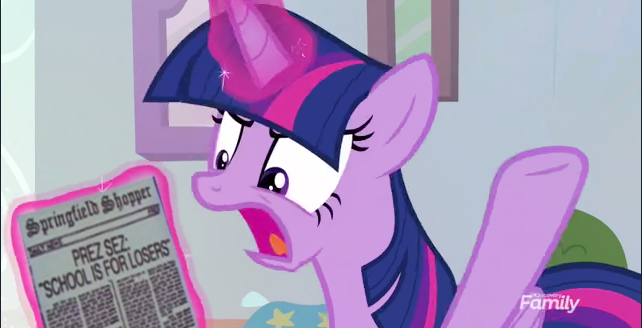 Size: 642x328 | Tagged: safe, derpibooru import, screencap, twilight sparkle, alicorn, marks for effort, angry, discovery family logo, meme, newspaper, paper, solo, the simpsons, twilight sparkle (alicorn), twilight sparkle's angry paper