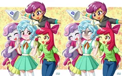 Size: 2399x1489 | Tagged: safe, alternate version, artist:uotapo, derpibooru import, apple bloom, cozy glow, scootaloo, sweetie belle, equestria girls, marks for effort, adorabloom, blushing, boots, bow, clothes, comparison, cozy glow is best facemaker, cozybetes, crazy glow, cute, cutealoo, cutie mark crusaders, diasweetes, dunce hat, equestria girls-ified, eyes closed, hat, holding hands, one eye closed, pants, shoes, wink