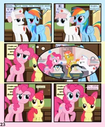 Size: 900x1080 | Tagged: safe, artist:lister-of-smeg, derpibooru import, apple bloom, carrot cake, nurse redheart, pinkie pie, pound cake, pumpkin cake, rainbow dash, pony, comic:zap-o-lantern, baby cakes, comic, flashback, hospital