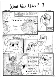 Size: 2550x3506 | Tagged: artist:lupiarts, black and white, comic, comic:what have i done, cuddling, daughters, derpibooru import, equestria, family, female, germaneigh, grayscale, happy, map, monochrome, oc, oc:camilla curtain, oc:chess, ocean, oc:ron nail, oc:sally, pun, safe, sisters, sitting, smiling, traditional art, unofficial characters only