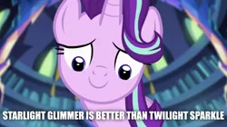 Size: 1280x718 | Tagged: safe, derpibooru import, edit, edited screencap, screencap, starlight glimmer, pony, unicorn, equestria girls, mirror magic, spoiler:eqg specials, drama, drama bait, exploitable meme, glimmerposting, implied twilight sparkle, in defense of starlight, looking at you, meme, opinion, solo, starlight drama, starlight drama drama, text