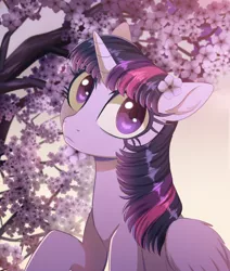 Size: 800x945 | Tagged: safe, artist:verawitch, derpibooru import, twilight sparkle, twilight sparkle (alicorn), alicorn, pony, cute, female, flower, flower in hair, looking at you, mare, solo, tree, twiabetes