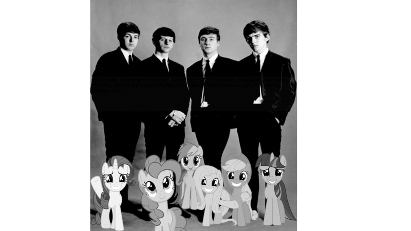 Size: 1280x720 | Tagged: 1960s, applejack, black and white, derpibooru import, fluttershy, george harrison, grayscale, human, irl, john lennon, mane six, monochrome, paul mccartney, photo, pinkie pie, ponies in real life, rainbow dash, rarity, ringo starr, safe, smiling, the beatles, twilight sparkle, vector