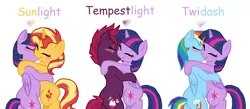 Size: 1424x620 | Tagged: safe, artist:geekcoffee, artist:harm0nic-bases, derpibooru import, rainbow dash, sunset shimmer, tempest shadow, twilight sparkle, twilight sparkle (alicorn), alicorn, pegasus, pony, unicorn, my little pony: the movie, base used, blushing, eye scar, eyes closed, female, hug, kissing, lesbian, mare, scar, shipping, simple background, smiling, sunsetsparkle, tempestlight, twidash, white background