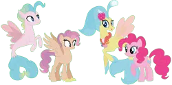 Size: 1330x660 | Tagged: safe, artist:margaretlovez, derpibooru import, pinkie pie, princess skystar, oc, oc:dewdrop, oc:firefly, classical hippogriff, earth pony, hippogriff, pony, seapony (g4), my little pony: the movie, family, female, lesbian, magical lesbian spawn, male, mare, offspring, parent:pinkie pie, parent:princess skystar, parents:skypie, raised hoof, seashell necklace, shipping, simple background, skypie, spread wings, transparent background, wings