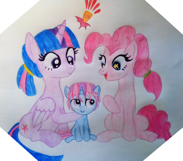 Size: 640x562 | Tagged: safe, artist:clodywiss, derpibooru import, pinkie pie, twilight sparkle, twilight sparkle (alicorn), alicorn, family, female, lesbian, magical lesbian spawn, offspring, parent:pinkie pie, parent:twilight sparkle, parents:twinkie, shipping, starry eyes, traditional art, twinkie, wingding eyes