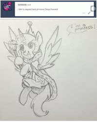 Size: 1036x1300 | Tagged: artist:chautung, derpibooru import, derpy hooves, jewelry, pencil drawing, princess derpy, regalia, request, requested art, safe, sketch, traditional art