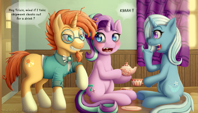 Size: 2666x1516 | Tagged: safe, artist:generalecchi, derpibooru import, starlight glimmer, sunburst, trixie, pony, the parent map, clothes, cup, dialogue, food, sitting, sweater, tea, tea party, teacup, teapot