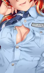 Size: 479x800 | Tagged: suggestive, artist:thebrokencog, derpibooru import, sunset shimmer, human, :p, breasts, bust, busty sunset shimmer, cleavage, clothes, female, humanized, long nails, name tag, necktie, open clothes, open shirt, police, police officer, police uniform, silly, solo, solo female, tongue out, unbuttoned, uniform