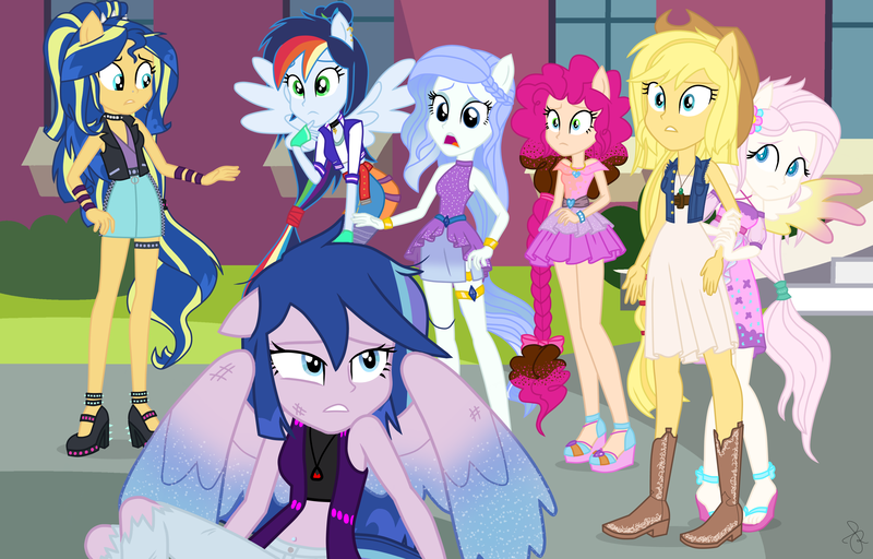 Size: 2500x1600 | Tagged: safe, artist:ilaria122, derpibooru import, oc, oc:applemel, oc:chocolate candy, oc:harmony, oc:sapphire blue, oc:shining swirls, oc:sky, oc:velvet star, hybrid, equestria girls, applejack's hat, belt, boots, bracelet, cardigan, choker, clothes, cowboy boots, cowboy hat, denim jacket, denim skirt, dress, equestria girls-ified, glowing wings, hat, high heels, interspecies offspring, jacket, jeans, jersey, jewelry, leather jacket, leggings, miniskirt, necklace, next generation, offspring, pants, parent:applejack, parent:caramel, parent:cheese sandwich, parent:discord, parent:fancypants, parent:flash sentry, parent:fluttershy, parent:pinkie pie, parent:rainbow dash, parent:rarity, parent:soarin', parent:sunset shimmer, parent:twilight sparkle, parents:carajack, parents:cheesepie, parents:discoshy, parents:flashimmer, parents:flashlight, parents:raripants, parents:soarindash, piercing, ponied up, shoes, simple background, skirt, spiked belt, spiked choker, spiked high heels, top, wall of tags, worried, zipper