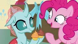 Size: 1280x720 | Tagged: safe, derpibooru import, screencap, ocellus, pinkie pie, changedling, changeling, earth pony, pony, marks for effort, cupcake, cute, dessert, diaocelles, duo, duo female, female, food, smiling