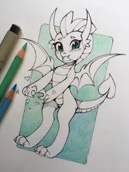 Size: 960x1280 | Tagged: artist:lispp, blushing, colored pencil drawing, cute, derpibooru import, dragon, dragoness, female, heart, looking at you, partial color, safe, smolder, smolderbetes, solo, toes, traditional art
