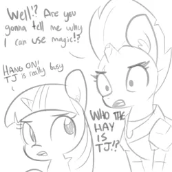 Size: 1650x1650 | Tagged: safe, artist:tjpones, derpibooru import, tempest shadow, twilight sparkle, twilight sparkle (alicorn), alicorn, pony, unicorn, my little pony: the movie, black and white, breaking the fourth wall, broken horn, dialogue, eye scar, female, grayscale, mare, monochrome, scar, simple background, white background