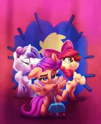 Size: 1626x2000 | Tagged: safe, artist:discorded, derpibooru import, apple bloom, scootaloo, sweetie belle, earth pony, pegasus, pony, unicorn, :p, adorabloom, apple, cute, cutealoo, cutie mark crusaders, diasweetes, eyes closed, female, filly, food, looking at you, pose, scooter, silly, tongue out