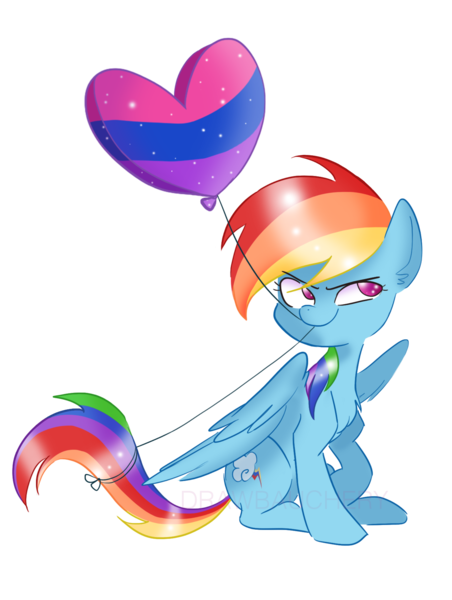 Size: 1329x1765 | Tagged: safe, artist:drawbauchery, derpibooru import, rainbow dash, pegasus, pony, balloon, bisexual pride flag, bisexuality, chest fluff, female, grin, headcanon, heart, lgbt headcanon, mare, mouth hold, pride, pride flag, pride month, sexuality headcanon, simple background, sitting, smiling, solo, transparent background