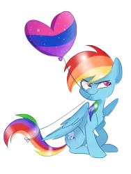 Size: 1329x1765 | Tagged: safe, artist:drawbauchery, derpibooru import, rainbow dash, pegasus, pony, balloon, bisexual pride flag, bisexuality, chest fluff, female, grin, headcanon, heart, lgbt headcanon, mare, mouth hold, pride, pride flag, pride month, sexuality headcanon, simple background, sitting, smiling, solo, transparent background