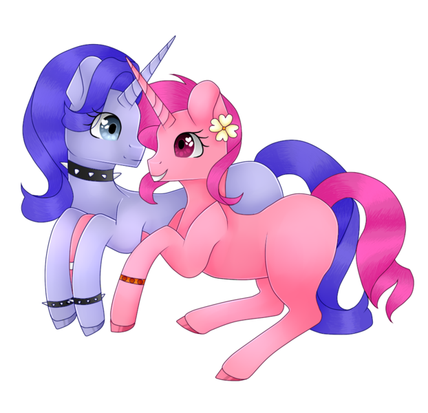 Size: 1000x964 | Tagged: safe, alternate version, artist:princess-of-the-nigh, derpibooru import, ponified, pony, unicorn, ami onuki, bracelet, cartoon network, choker, crossover, duo, female, flower, flower in hair, heart eyes, hi hi puffy ami yumi, horn, horns are touching, jewelry, lesbian, looking at each other, mare, shipping, simple background, spiked choker, spiked wristband, transparent background, unshorn fetlocks, wingding eyes, wristband, yumi yoshimura