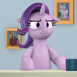 Size: 2000x2000 | Tagged: safe, artist:argos90, derpibooru import, starlight glimmer, pony, unicorn, marks for effort, 3d, :i, cup, female, floppy ears, i mean i see, mare, meme, reaction image, solo, starlight's office