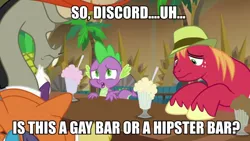 Size: 1080x608 | Tagged: safe, derpibooru import, edit, edited screencap, screencap, big macintosh, discord, spike, draconequus, dragon, earth pony, pony, the break up breakdown, bar, chocolate milkshake, fedora, hat, image macro, implied gay, male, meme, milkshake, spoiler, stallion, zoot suit