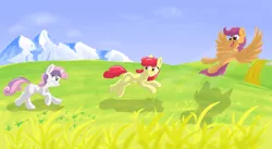Size: 4939x2714 | Tagged: safe, artist:pzkratzer, derpibooru import, apple bloom, scootaloo, sweetie belle, earth pony, pegasus, pony, unicorn, cute, cutie mark crusaders, female, field, filly, mountain, scootaloo can fly, smiling, sun, sunday