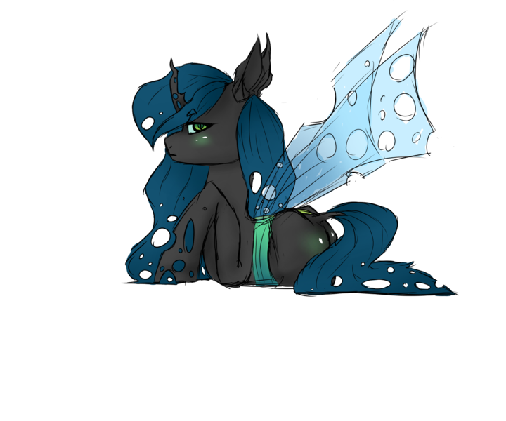 Size: 1800x1500 | Tagged: artist:sodadoodle, blushing, bugbutt, butt, changeling, changeling queen, colored wings, derpibooru import, female, gradient wings, green blush, green eyes, hole, holes, horn, looking at you, lying down, mane, mare, plot, queen chrysalis, serious, serious face, shiny butt, simple background, solo, solo female, suggestive, tail, transparent background, transparent wings