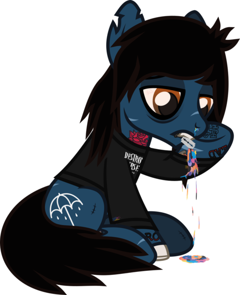 Size: 951x1170 | Tagged: semi-grimdark, artist:lightningbolt, derpibooru import, ponified, ponified:oliver sykes, earth pony, pony, undead, zombie, zombie pony, .svg available, bleeding, blood, blood stains, bloodshot eyes, bone, bring me the horizon, candy gore, clothes, colored pupils, colored sclera, cutting, dripping blood, drop dead clothing, gore, hair over one eye, indifferent, lidded eyes, long sleeves, looking down, male, mouth hold, nosebleed, rainbow blood, raised hoof, razor blade, scar, self harm, shirt, simple background, sitting, solo, stallion, stitches, svg, tattoo, torn ear, transparent background, vector