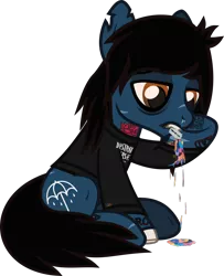 Size: 951x1170 | Tagged: semi-grimdark, artist:lightningbolt, derpibooru import, ponified, ponified:oliver sykes, earth pony, pony, undead, zombie, zombie pony, .svg available, bleeding, blood, blood stains, bloodshot eyes, bone, bring me the horizon, candy gore, clothes, colored pupils, colored sclera, cutting, dripping blood, drop dead clothing, gore, hair over one eye, indifferent, lidded eyes, long sleeves, looking down, male, mouth hold, nosebleed, rainbow blood, raised hoof, razor blade, scar, self harm, shirt, simple background, sitting, solo, stallion, stitches, svg, tattoo, torn ear, transparent background, vector