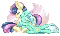 Size: 4724x2835 | Tagged: safe, artist:fleetyarrowdraw, derpibooru import, bon bon, lyra heartstrings, sweetie drops, earth pony, pony, unicorn, abstract background, absurd resolution, eyes closed, female, heart, hug, lesbian, lesbian pride flag, lyrabon, mare, on back, one eye closed, pride, pride flag, prone, shipping, simple background, snuggling, speedpaint available, transparent background