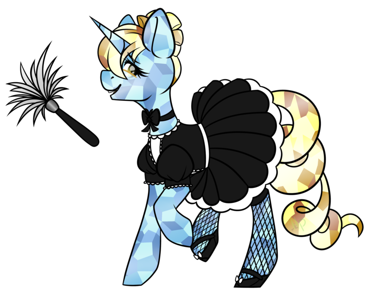 Size: 3959x3142 | Tagged: safe, artist:hellishprogrammer, derpibooru import, oc, oc:quartz glace, unofficial characters only, crystal pony, pony, clothes, crystal, crystal unicorn, crystallized, duster, female, high res, magic, maid, mare, raised hoof, simple background, solo, telekinesis, transparent background