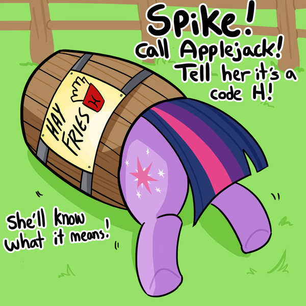 Size: 1650x1650 | Tagged: safe, artist:tjpones, derpibooru import, twilight sparkle, pony, barrel, dialogue, female, food, french fries, hay fries, implied spike, mare, offscreen character, silly, silly pony, stuck, sweet apple acres, that pony sure does love hay fries