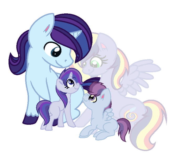 Size: 664x608 | Tagged: safe, artist:amellia-rose, derpibooru import, oc, oc:color palette, oc:mozart, oc:paint swirl, oc:royal splendor, unofficial characters only, ghost, pegasus, pony, unicorn, kindverse, offspring, offspring's offspring, parent:fancypants, parent:oc:paint swirl, parent:oc:royal splendor, parent:rainbow dash, parent:rarity, parent:soarin', parents:raripants, parents:soarindash