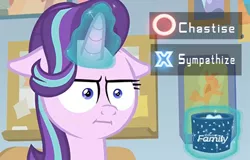 Size: 415x265 | Tagged: safe, derpibooru import, edit, edited screencap, screencap, starlight glimmer, unicorn, marks for effort, :i, caption, crossover, detroit: become human, empathy cocoa, faic, floppy ears, glowing horn, i mean i see, image macro, magic, meme, solo, telekinesis, text, unamused