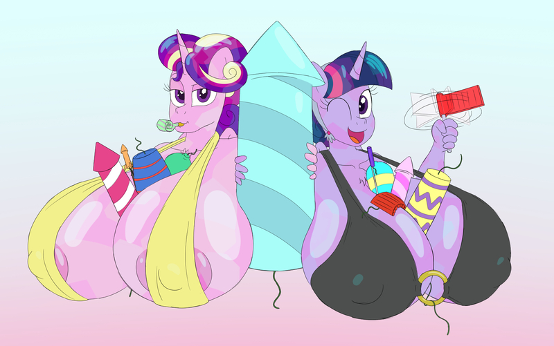 Size: 1640x1027 | Tagged: absolute cleavage, anthro, areola, artist:gunpowdergreentea, between breasts, big areola, big breasts, bikini, breasts, busty princess cadance, busty twilight sparkle, cleavage, clothes, crystallized, crystal pony, derpibooru import, duo, duo female, erect nipples, female, fireworks, huge breasts, hyper, hyper breasts, impossibly large breasts, lesbian, looking at you, nipple outline, nipples, noisemaker, nudity, princess cadance, questionable, shipping, smiling, swimsuit, true love princesses, twidance, twilight sparkle