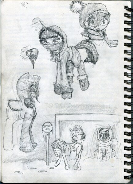 Size: 1788x2480 | Tagged: alicorn, artist:halfaman, bus stop, clothes, cup, derpibooru import, fluttershy, gem, rainbow dash, rarity, safe, scarf, sketch, sketch dump, traditional art, twilight sparkle, twilight sparkle (alicorn), winter, winter outfit