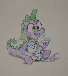 Size: 852x961 | Tagged: artist:hillbe, baby, baby bottle, bottle feeding, derpibooru import, dracony, father and child, foal, hybrid, interspecies offspring, male, oc, offspring, parent:rarity, parent:spike, parents:sparity, safe, spike, traditional art