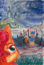 Size: 2380x3505 | Tagged: semi-grimdark, artist:halfaman, derpibooru import, oc, unofficial characters only, bat pony, acrylic painting, bridge, canvas, castle, night, traditional art