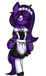 Size: 1062x1748 | Tagged: safe, artist:xcinnamon-twistx, derpibooru import, oc, oc:nova aurora, unofficial characters only, unicorn, bipedal, clothes, dress, heart eyes, maid, one eye closed, simple background, smiling, solo, transparent background, wingding eyes, wink