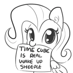 Size: 1650x1650 | Tagged: safe, artist:tjpones, derpibooru import, fluttershy, pegasus, pony, conspiracy theory, cute, ear fluff, female, flutterdumb, fluttershy's note meme, funny, funny as hell, lineart, looking at you, mare, meme, monochrome, mouth hold, nom, shyabetes, sign, simple background, sitting, sketch, smiling, solo, timecube, wake up sheeple, white background