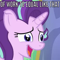 Size: 1080x1080 | Tagged: safe, derpibooru import, edit, edited screencap, screencap, starlight glimmer, pony, unicorn, celestial advice, bust, close-up, cropped, dialogue, engrish, faic, image macro, meme, open mouth, portrait, smiling, solo, thousand yard stare, twilight's castle