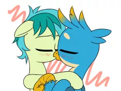 Size: 1024x768 | Tagged: safe, artist:rainbow-douch, derpibooru import, gallus, sandbar, earth pony, gryphon, pony, blushing, eyes closed, floppy ears, gallbar, gay, intimate, kissing, male, shipping, simple background, stallion, wings