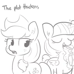 Size: 1650x1650 | Tagged: safe, artist:tjpones, derpibooru import, applejack, twilight sparkle, twilight sparkle (alicorn), alicorn, earth pony, pony, cowboy hat, deadpan snarker, duo, duo female, eating, female, food, french fries, grayscale, hat, hay fries, mare, monochrome, overeating, simple background, sketch, stetson, the plot thickens, this will end in weight gain, white background