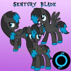 Size: 1080x1080 | Tagged: safe, artist:tacobender, derpibooru import, oc, oc:sentury blade, unofficial characters only, pegasus, pony, black and blue, commission, cutie mark, female, gradient background, mare, solo, theme, tron, vector, wings